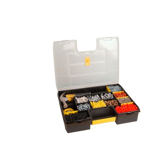 STANLEY STST14026 organizer box with clear lid, assorted hardware and tools, front angle on white background.
