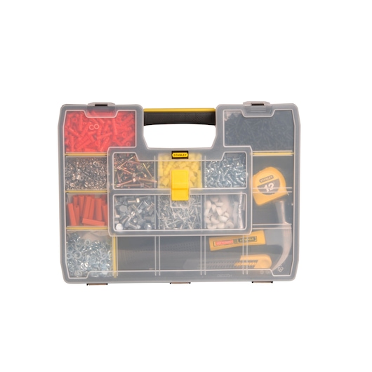 Stanley STST14026 organizer box with assorted screws, anchors, tape measure and hammer, front view.