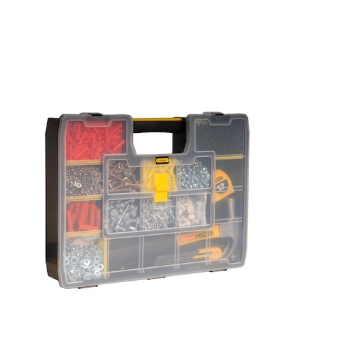 STANLEY STST14026 organizer case, top front angle, clear lid showing assorted hardware and tools compartments.