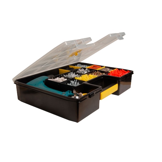 STANLEY STST14026 organizer box with clear lid, filled with assorted hardware, angled side view.