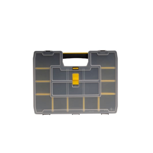 Stanley STST14026 plastic organizer case with yellow latch, photographed from front on white background.