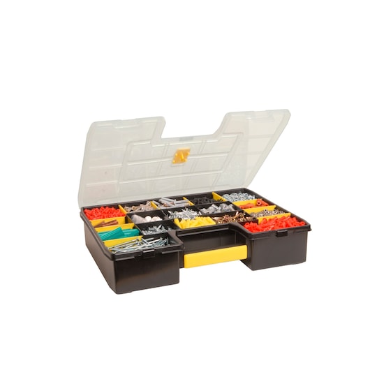 STANLEY STST14026 organizer box with clear lid, yellow handle, assorted screws and anchors, angled view.