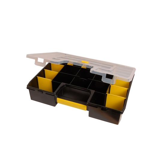 STANLEY STST14026 black and yellow plastic organizer with clear lid, front angle, multiple compartments.