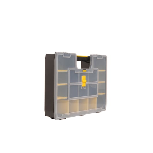 STANLEY STST14026 organizer case, front angled view, black and clear plastic with yellow latch.