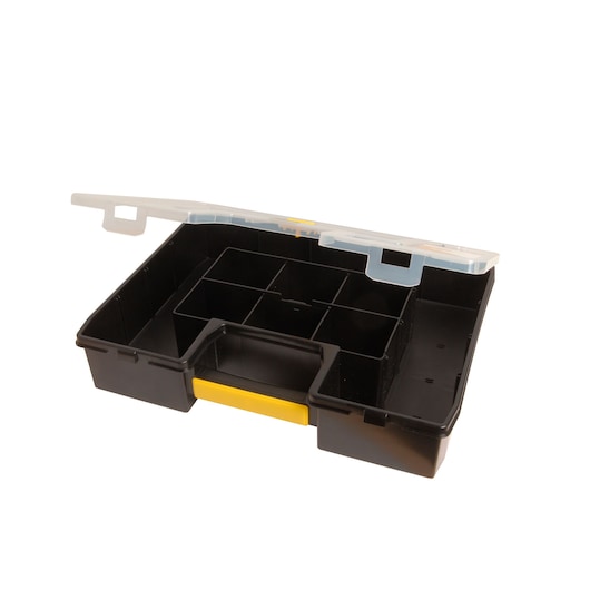 STANLEY STST14026 organizer with open clear lid, black base and yellow latch, photo on white background.