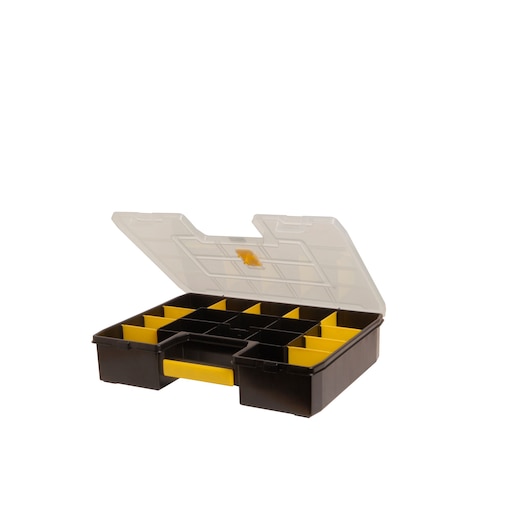 STANLEY STST14026 black and yellow organizer box with clear lid, front angle, compartments visible.