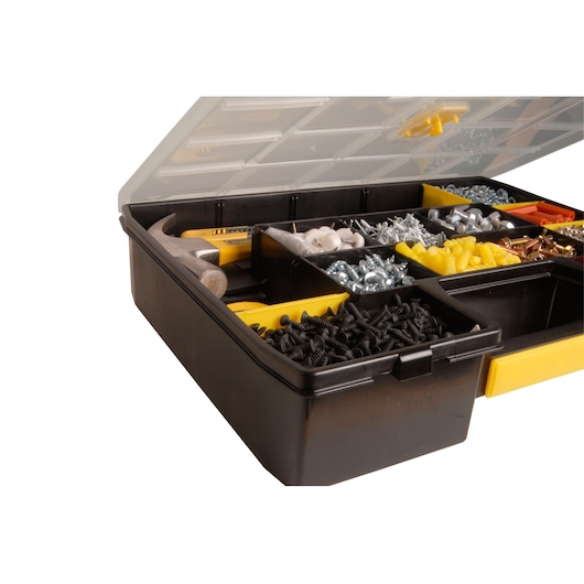STANLEY STST14026 organizer box with open lid, showing compartments filled with hardware and tools, front angle.