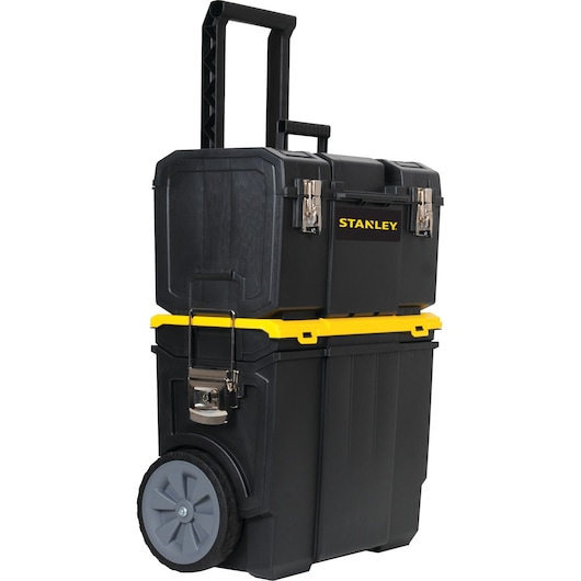 STANLEY STST18613 black rolling toolbox with yellow accents, telescoping handle, and two large wheels, front angle.