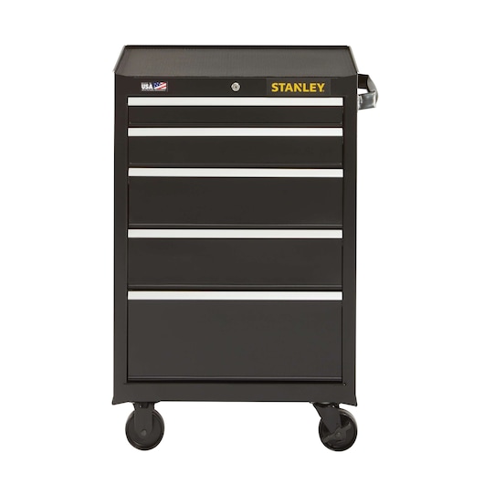 Stanley black rolling tool chest with five drawers, front angle, metal handles, white background