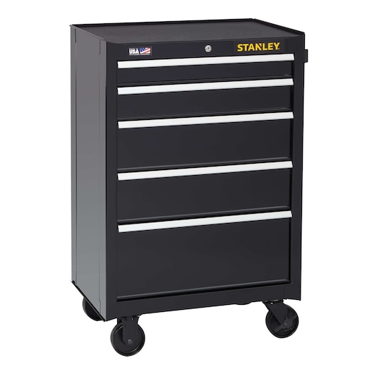 Stanley black rolling tool chest with five drawers, angled front view, white background