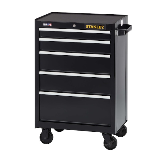 Stanley black metal tool chest with five drawers, caster wheels, angled front view on white background