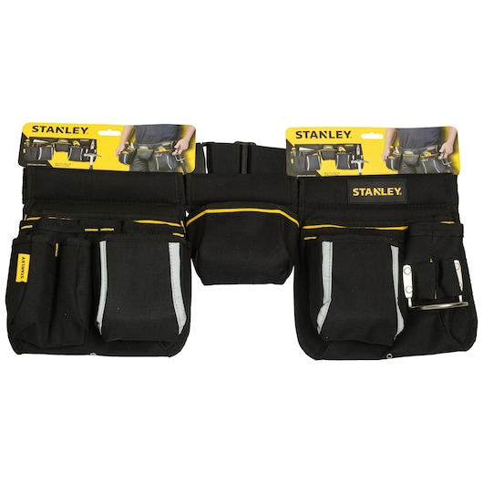 STANLEY STST511304 black tool belt with multiple pockets and silver accents, photo from front on white background.