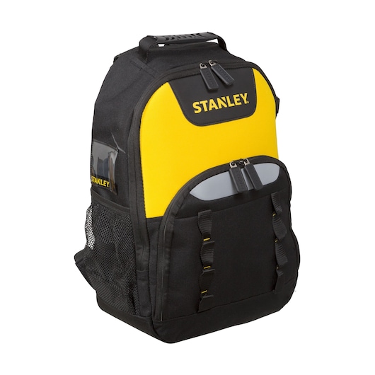 Photo of STANLEY STST515155 black and yellow tool backpack, front angle view with zippered pockets and side mesh pocket.