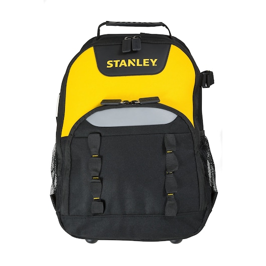 STANLEY STST515155 black and yellow backpack with front straps, mesh side pockets, studio angle.
