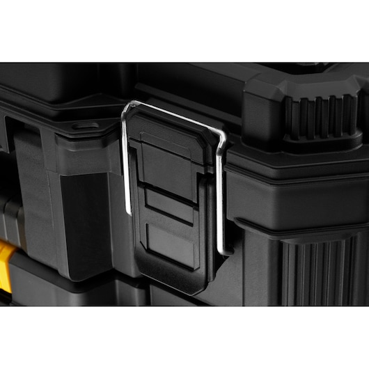 STANLEY STST83319-1 black tool box latch close-up, showing durable metal and plastic construction, front angle.