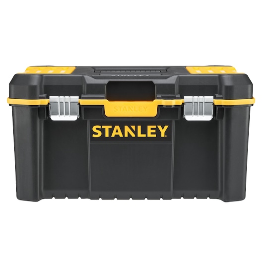 STANLEY STST83397-1 black and yellow toolbox with metal latches, front view on white background.