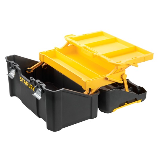 STANLEY STST83397-1 black and yellow toolbox with open cantilever trays, front angle photo.