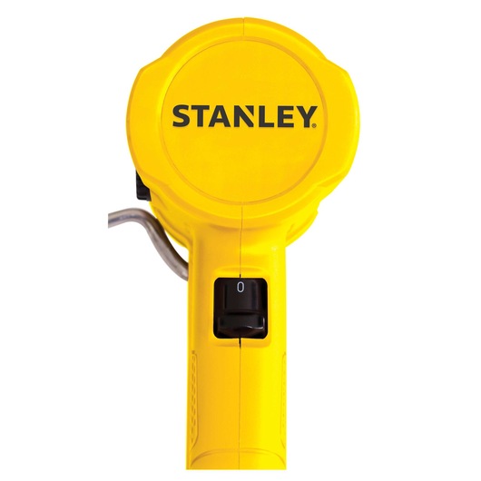 Photo of STANLEY STXH2000K yellow heat gun handle with power switch, top view, photography category.