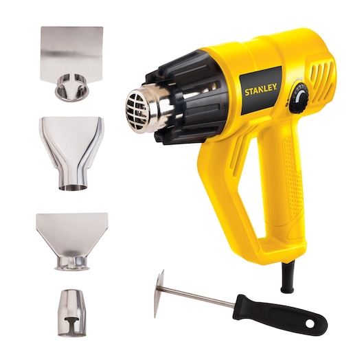 STANLEY STXH2000K heat gun with yellow body, five metal nozzles, and scraper tool, product on white background.