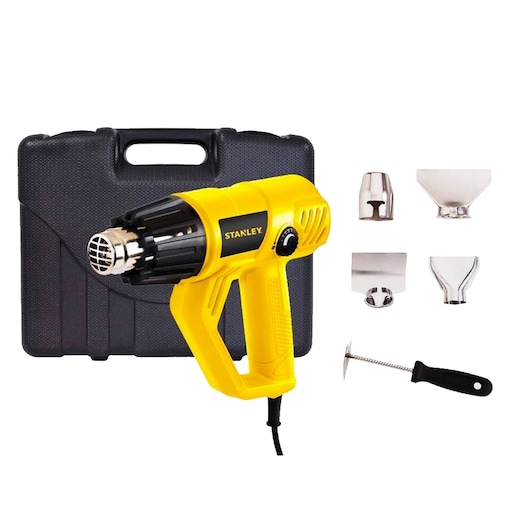 Stanley STXH2000K heat gun kit with yellow heat gun, black case, nozzles, and scraper on white background.