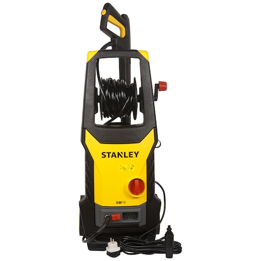STANLEY SW19 yellow and black pressure washer, front angle, with hose reel and power cord.