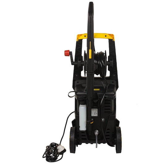 STANLEY SW19 pressure washer front angle, black and yellow, hose reel and power cord.