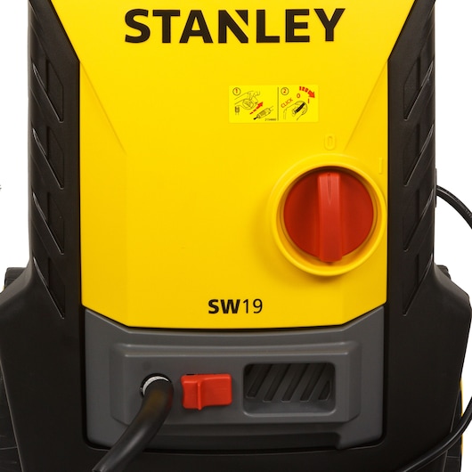 STANLEY SW19 pressure washer close-up, yellow and black front panel with red dial and cable port.