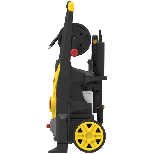 Photo of STANLEY SW19 pressure washer, black and yellow, side view showing hose reel and wheels.