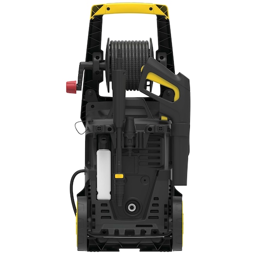 STANLEY SW19 pressure washer rear view, black and yellow body, hose reel on top, handle and attachments visible.