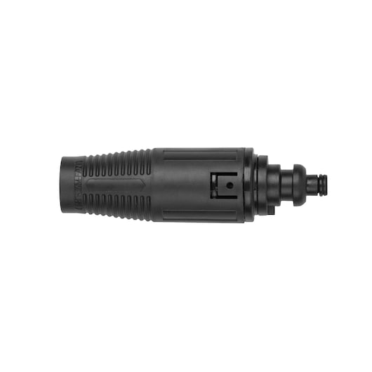 STANLEY SW19 black plastic hose connector, photography, side angle on white background.