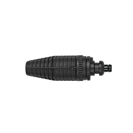 STANLEY SW19 pressure washer nozzle, black, photography, side angle on white background.