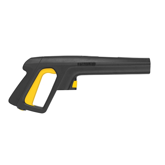 STANLEY SW19 pressure washer spray gun, black with yellow trigger, side view on white background.