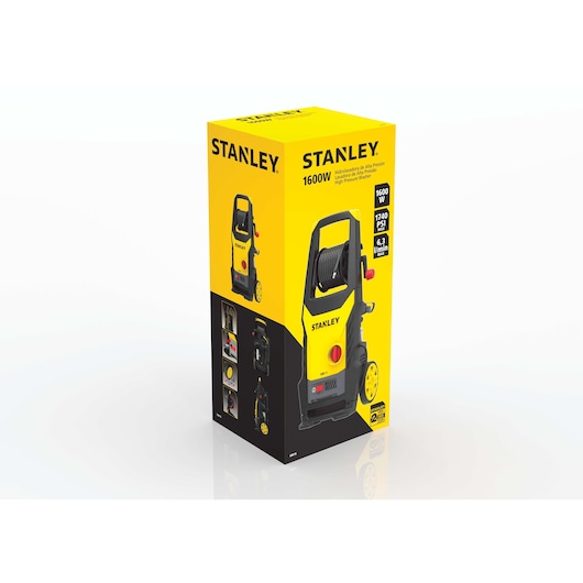 Photo of STANLEY SW19 pressure washer box, yellow packaging with product image and specs, white background angle.