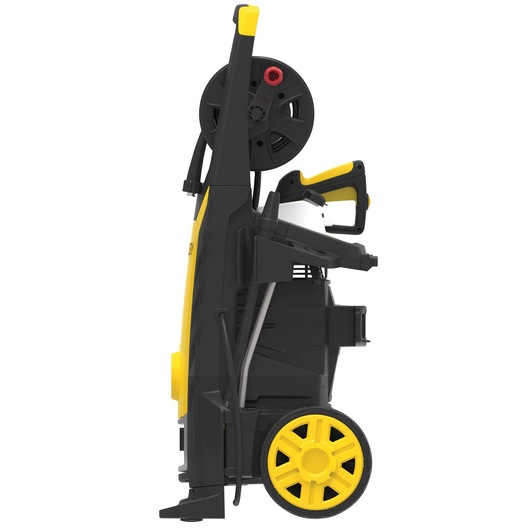 STANLEY SW25-CH pressure washer side view, black and yellow with hose reel and large wheels.