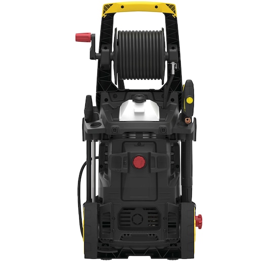 STANLEY SW25-CH pressure washer front angle, black and yellow, hose reel and control knobs visible.