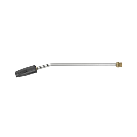 STANLEY SW25-CH pressure washer spray wand, chrome finish, black nozzle, side angle, photography.