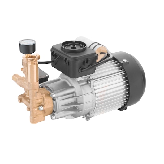 Stanley SW25-CH photography of brass and metal water pump at side angle, visible pressure gauge and wiring.