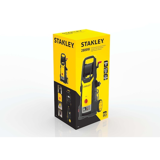 Photo of STANLEY SW25-CH high pressure washer box, yellow and black packaging with product image and specs, angled view.