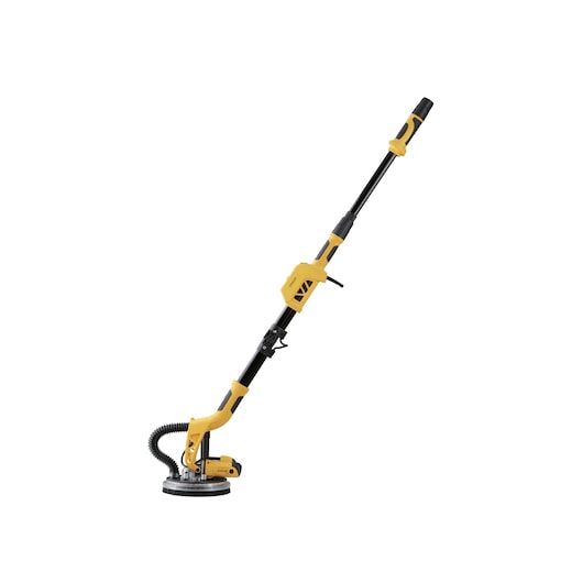 Photo of STANLEY SW75-BR drywall sander, yellow and black, side angle on white background.