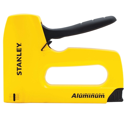 Stanley yellow aircraft aluminum staple gun, side view on white background