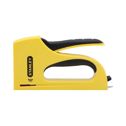 Stanley yellow and black manual staple gun side view on white background