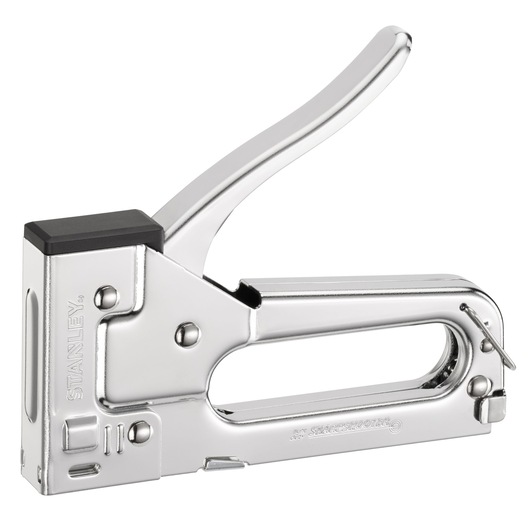 STANLEY TR45 silver manual staple gun, side view, with black accents, on white background.