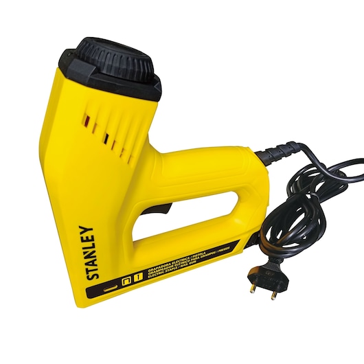 Photo of STANLEY TRE550-B2 yellow electric staple gun with black power cord, side angle on white background.