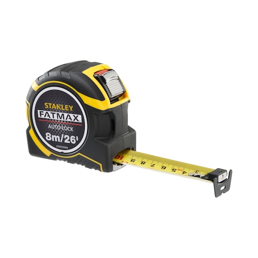 STANLEY XTHT0-33504 tape measure FATMAX Auto Lock 8m/26ft, side angle, black and yellow casing.